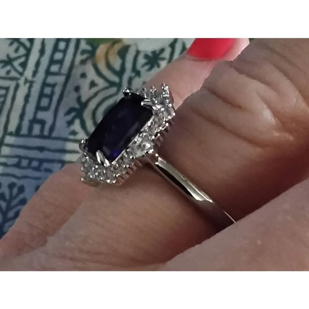 CERTIFIED Genuine Blue & White Moissanite Emerald Cut Halo Engagement Ring #8